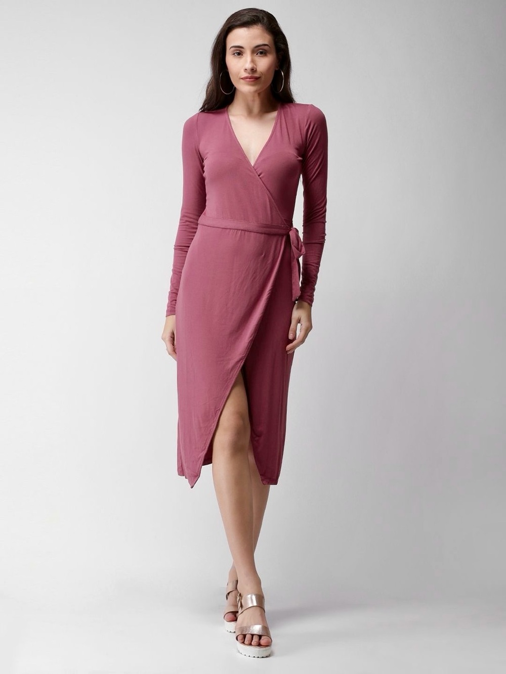 Wrap Midi Long Sleeve Dress in Dusty Rose Mauve Purple